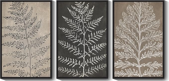 KUVIOKE Vintage Botanical Framed Wall Art Bohemian Tan Plant Leaf Wall Decor Nature Fern Plant Silhouette Wall Painting Home Decor 24x36in (Black Framed)