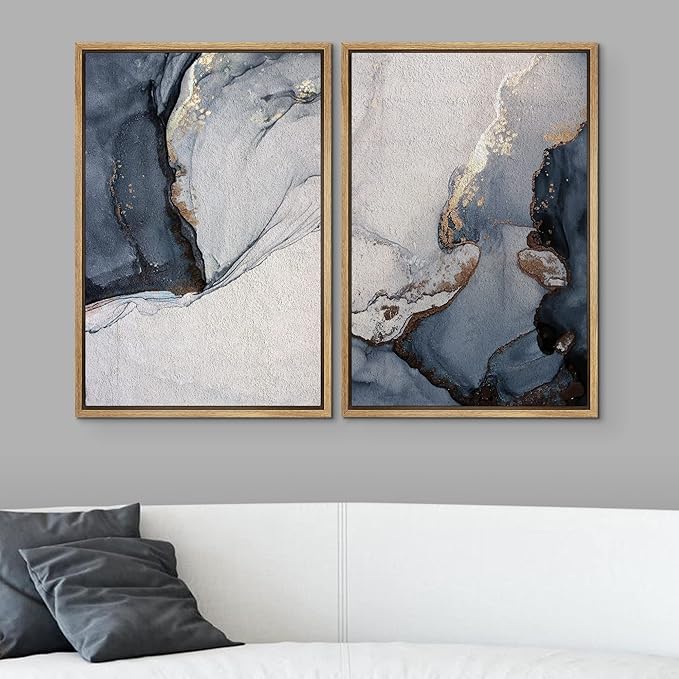 SIGNWIN Framed Canvas Print Wall Art Set Pastel Watercolor Blue Smoke Waves Abstract Shapes Illustration Modern Art Minimalism Decorative Nordic for Living Room, Bedroom, Office - 16"x24"x2 Natural