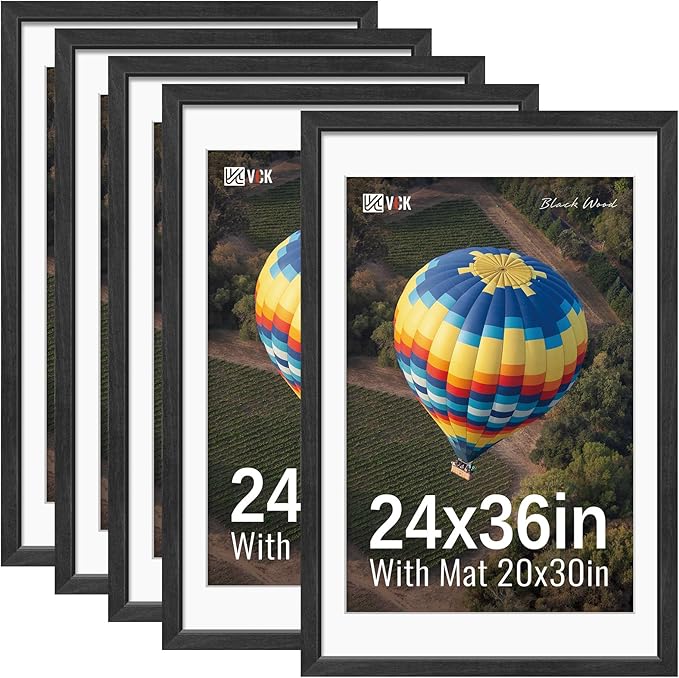 VCK 24x36 Picture Frames Black Set of 5, Wide Border Wood, Display 20x30 Photo with Mat or 24 x 36 without, for Home, Office, Gallery, Woodgrain Series, Wall Hanging