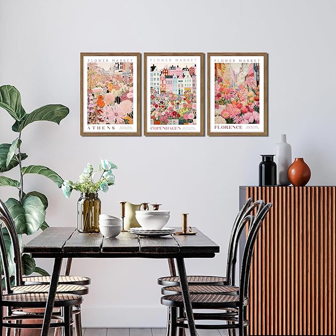 Floral Wall Art Set of 3, Colorful Flower Market Canvas Wall Decor Paintings, Pink Wildflower Botanical Posters Prints Pictures Artwork for Bedroom Living Room 16x24 Inch Wood Framed