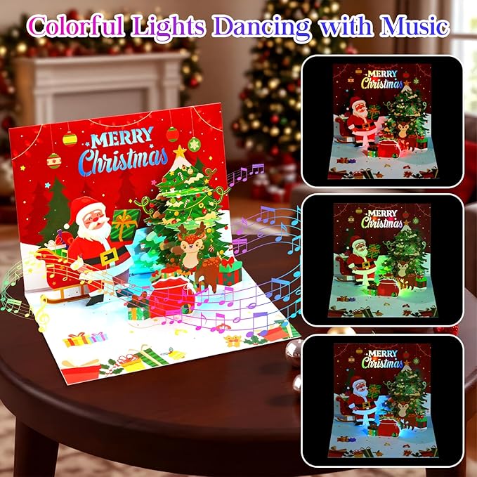 Christmas Cards, Light and Music Merry Christmas Card, 3D Pop Up Greeting Card with Christmas Tree and Santa for Women Men Kids Husband Wife Mom Dad Daughter