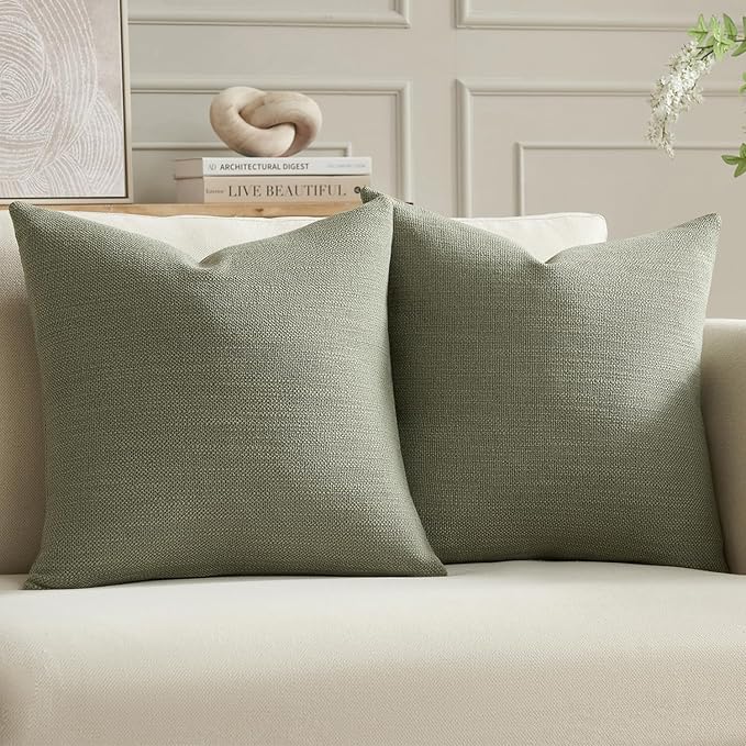 Meekio Set of 2 Linen Look Dark Sage Pillow Covers 18x18, Decorative Throw Pillow Covers for Couch, Sofa, Bed & Living Room Decor