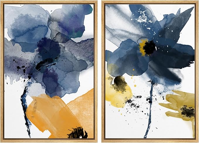 SIGNWIN Framed Wall Art Print Set Watercolor Splash Blue & Yellow Daisies Floral Botanical Illustrations Modern Art Chic Colorful Relax/Calm for Living Room, Bedroom, Office - 24"x36"x2 Natural