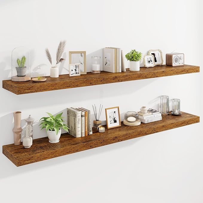 Marsmiles 72" Floating Shelves for Wall, Wooden Shelves with Invisible Brackets Set of 2, Rustic Farmhouse Wall Mounted Shelf for Kitchen Bathroom Living Room Study, Rustic Brown