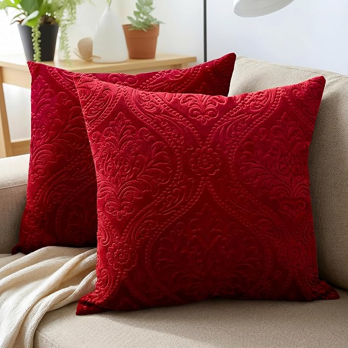Encasa XO Luxury Embossed Velvet Throw Pillow Covers - Plush Cushion Covers for Elegant Living Rooms & Bedrooms, Machine Washable, 20"x20" Red | Set of 2 | Covers Only No Insert