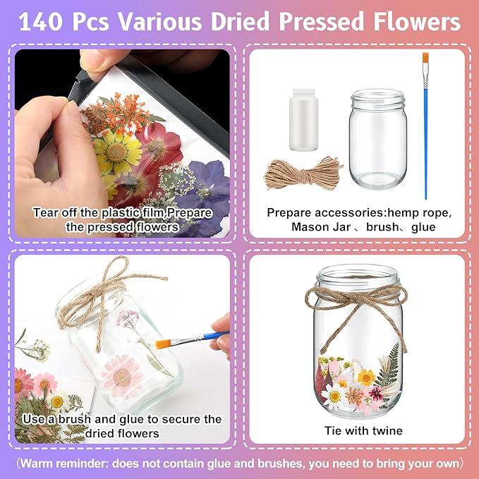 Tinideya 154 Pcs DIY Pressed Flowers Mason Jar Set Pressed Flower Lanterns 12 Mason Jar 140 Natural Real Dried Flower Centerpiece Making Favor for Christmas Wedding Candle Lantern Craft