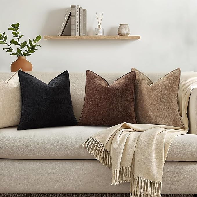 decorUhome Spring Couch Euro Sham Throw Pillow Covers 22x22 Set of 2, Decorative Soft Velvet Neutral Chenille Pillow Covers with Elegant Design for Sofa Bed Living Room Home Decor, Brown