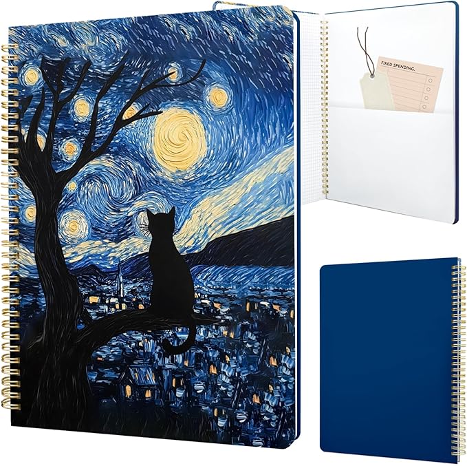 Cute Spiral Notebook journal A4 Aesthetic Pretty Design for Women Girls Kawaii with Pocket, 8.5 x 11 inch, Graph, Cat Galaxy