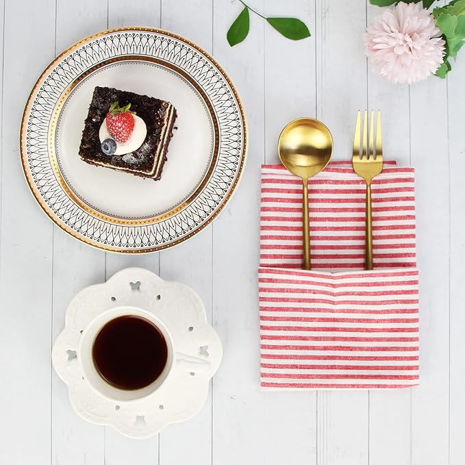 Plain Striped Cotton Linen Blended Dinner Cloth Napkins - Set of 12 (40 x 30 cm) - for Events & Home Use (Red)