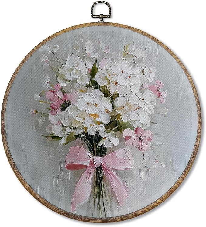 FUGWN Vintage Pink Bow Floral Round Wall Art Decor Framed, Cottagecore Floral Canvas Artwork Prints, Farmhouse Wildflowers Bouquet Wall Hanging Decorations for Home Bedroom Living Room, 10x10 Inch
