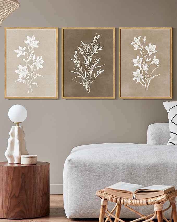 KUVIOKE Vintage Botanical Flower Framed Wall Art Colorful Neutral Boho Floral Wall Decor Botanical Retro Wildflower Modern Art Prints Rustic Home Decor 12x16in (Natural Framed)