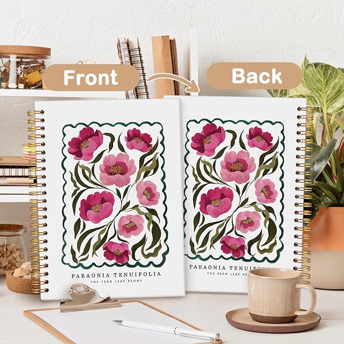 MOFUYU Floral Notebook Journal for Women,Plant Hardcover Spiral Notebook,Rustic Spring Floral Cottagecore Notebook Journal for Work Office School Student Teacher. 5.5x8.3 Inch