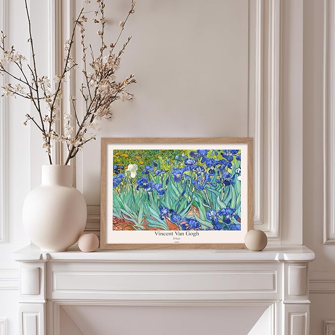Monem Art Vintage Van Gogh Poster - Retro Irises Print - Impressionism Art - Floral Art - Fine Art - Flower Art - Classic Painting Art - Aesthetic Living Room Wall Decor - 8x10 Beige Framed
