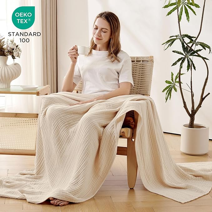 Joydeco 100% Cotton Muslin Throw Blanket for Couch Bed and Sofa, 4-Layer Lightweight and Breathable Soft Gauze Blanket for All Season, Luxury Throws Cotton Blanket Gift(Light Tan, 90"x90")