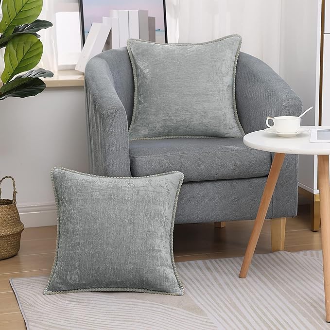 decorUhome Spring Chenille Soft Throw Pillow Covers 18x18 Set of 2, Farmhouse Velvet Neutral Decorative Pillow Covers with Stitched Edge for Couch Sofa Bed Home Decor, Neutral Gray