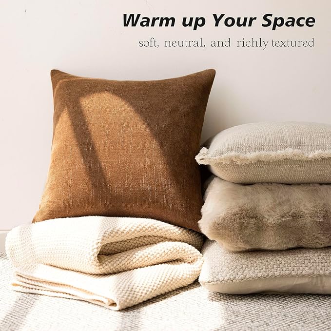 Foindtower Pack of 2 Soft Textured Chenille Throw Decorative Pillow Covers Square Accent Solid Cushion Cover Cozy Farmhouse Pillow Case with Zippe for Couch Sofa Bed Living Room 24x24 Inch, Bronze