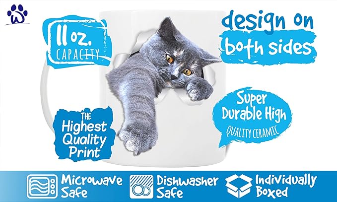 Winston & Bear Playing Grey Cat Mug - Ceramic Coffee Mug Gift for Cat Lovers - Perfect Birthday or Christmas, Father's or Mother's Day Gift (11oz)