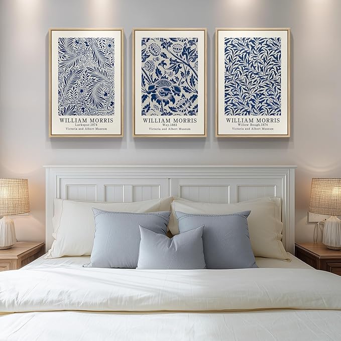 Framed Large Blue William Morris Wall Art Set of 3, Vintage Botanical Floral Canvas Wall Decor Painting, Farmhouse Aesthetic Artwork Prints for Living Room, Bedroom, Hallway, Office, Total Size 30x60