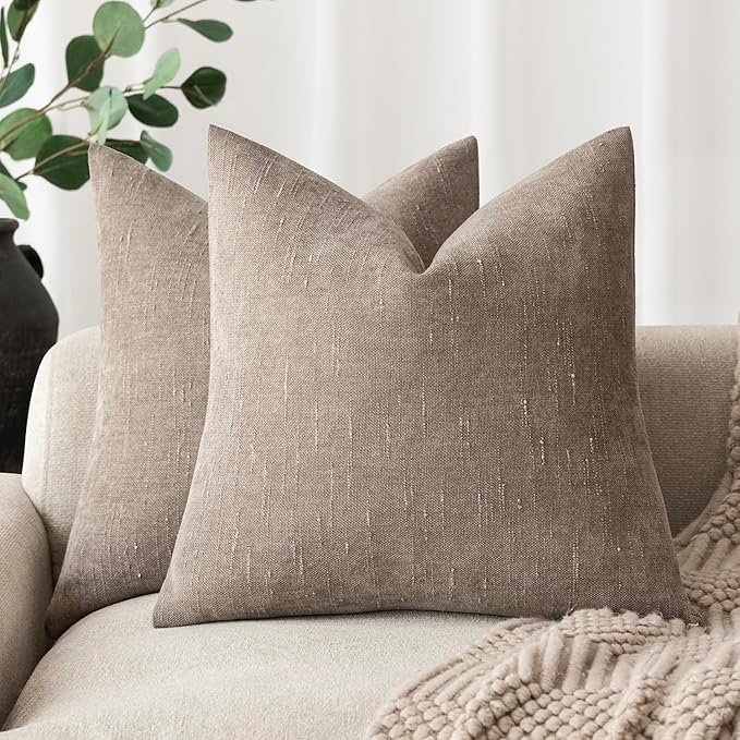Foindtower Set of 2 Soft Textured Chenille Throw Decorative Pillow Covers Square Accent Solid Cushion Cover Cozy Neutral Farmhouse Pillow Case for Couch Sofa Bedroom Living Room 26x26 Inch,Light Taupe