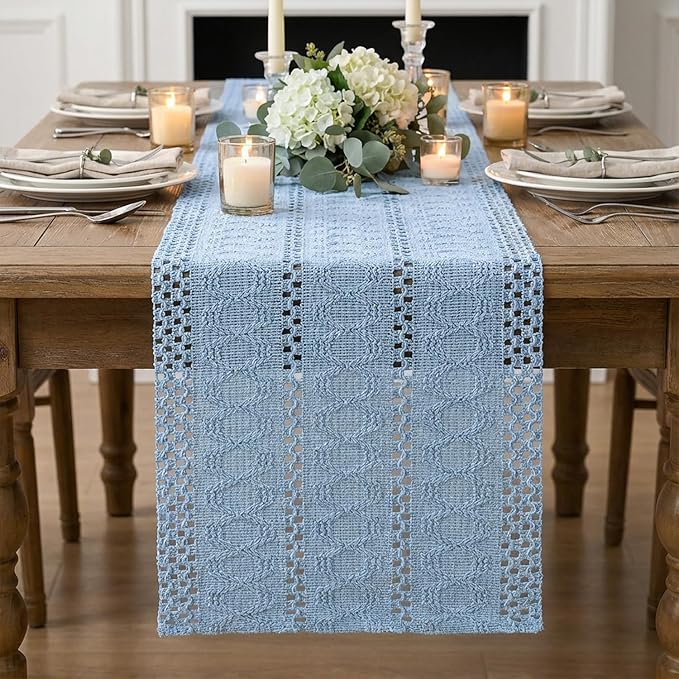 Artoid Mode Sky Blue Farmhouse Woven Rustic Hollow Table Runner, Seasonal Holiday Hollow Kitchen Dining Table Decoration for Home Party Decor 12x36 Inch
