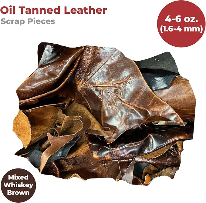 ELW Oil Tanned Leather Scraps | 4-6 oz (1.6-2.4 mm) Medium Weight | Size: 5 LB | Genuine Cowhide Full Grain Leather Remnants for Crafting, Ideal for DIY Leatherworking Projects | Color: Mixed Whiskey