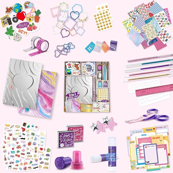 PERRYHOME 2-Pack DIY Journal Kit for Girls - 200+Pcs Journal Set for Teen & Tween Girls, Journaling Art & Crafts Kits,Scrapbook&Diary Supplies Set, Christmas Gifts for 8 9 10 11 12 13 14 Year Old Girl