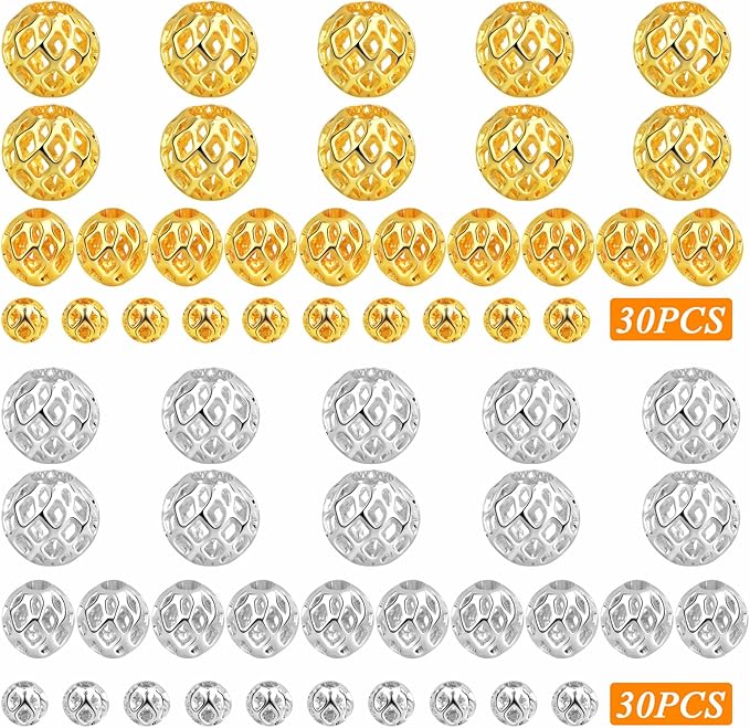 1 Box 60pcs 3 Sizes 18K Golden Silver Plated Round Hollow Spacer Beads Brass Filigree Hollow Out Ball Beads Accessories for DIY Bracelet Necklace Earrings Jewelry Making