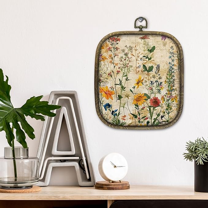 KSDUT Boho Flower Floral Wall Decor Art - Botanical Neutral Wall Art Canvas Frame Hanging Prints, Vintage Landscape Wildflower Square Wall Art Decor for Home Decorations 6.5"x5.7"