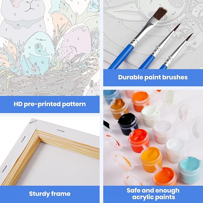 MXJSUA Easter Framed Paint by Numbers for Adults Beginners, Easy Adults' Paint-by-Number Kits on Canvas with Easel, Bunnies Acrylic Number Painting Crafts Kit Gifts for Home Decor, 8x12inch