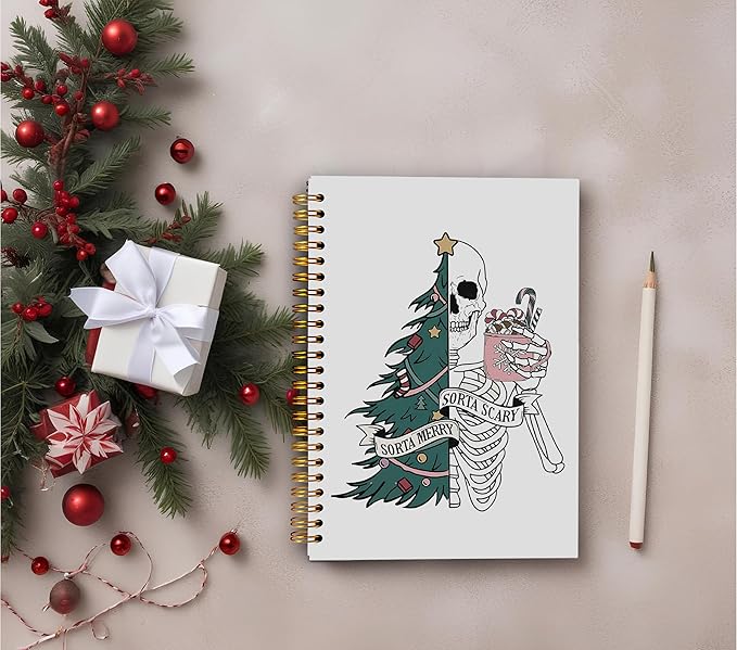 Sorta Merry Sorta Scary Christmas Skeleton Notebook, Gothic Notebook Journal, Christmas Office Gifts, Goth Office Supplies, Christmas Composition Notebook, Spiral Notebook 5.5x8.3 Inch