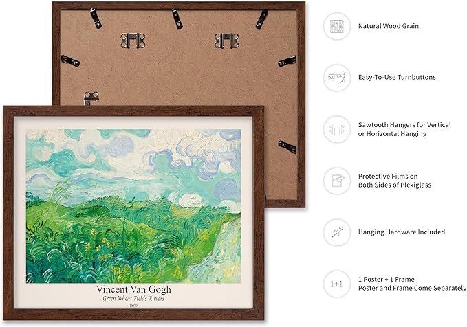 Monem Art Vintage Van Gogh Poster - Retro Green Wheat Fields Auvers Print - Impressionism Art - Fine Art - Landscape Art - Classic Painting Art - Great Living Room Decor - 8x10 Brown Framed