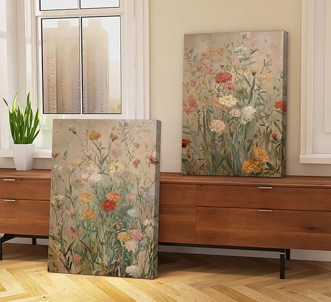 Wildflower Canvas Wall Art Rustic Farmhouse Floral Poster Prints Vintage Botanical Flower Picture Painting Artwork Wall Decor for Living Room Bedroom Office 16x24in Framed
