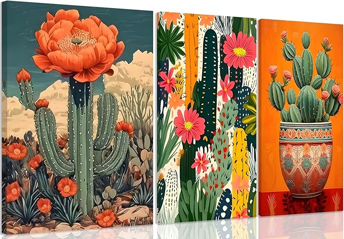 3Pcs Mexican Cactus Floral Wall Art Boho Southwest Succulent Wall Art Decor Tropical Botanical Cactus Desert Art Painting Picture for Bathroom Living Room Bedroom 12x16in Framed