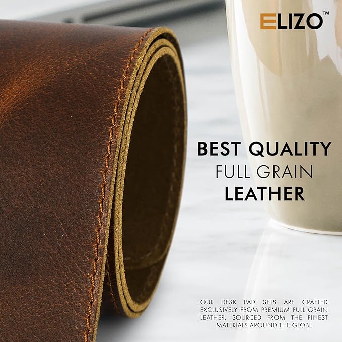 Elizo Real Leather Desk Mat Set (32x16) Large Desk Cover Desk Blotter Protector Computer Gaming Mouse Pad Table Laptop Office Desktop Accessories