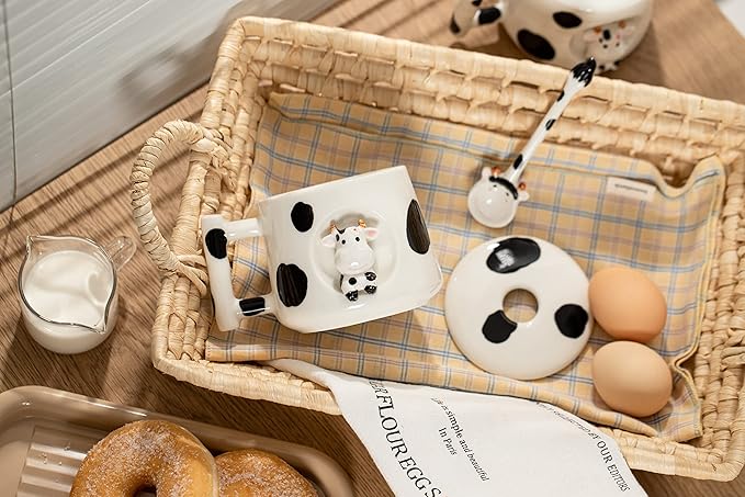 DIHOclub Adorable 3D Ceramic Cow Mug with Lid and Spoon - Perfect for Coffee, Tea, Milk, and More - Ideal Gift for Animal Lovers Gift for Mather- 14 Ounces(BLack white)