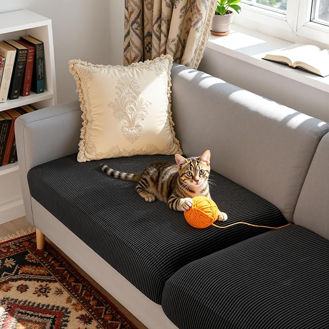 CHUN YI 2 Piece Couch Cushion Covers for Sofa Seat Slipcovers Suitable with Spandex Jacquard Washable Fabric (2 Piece Sofa Cushion Covers, Black)
