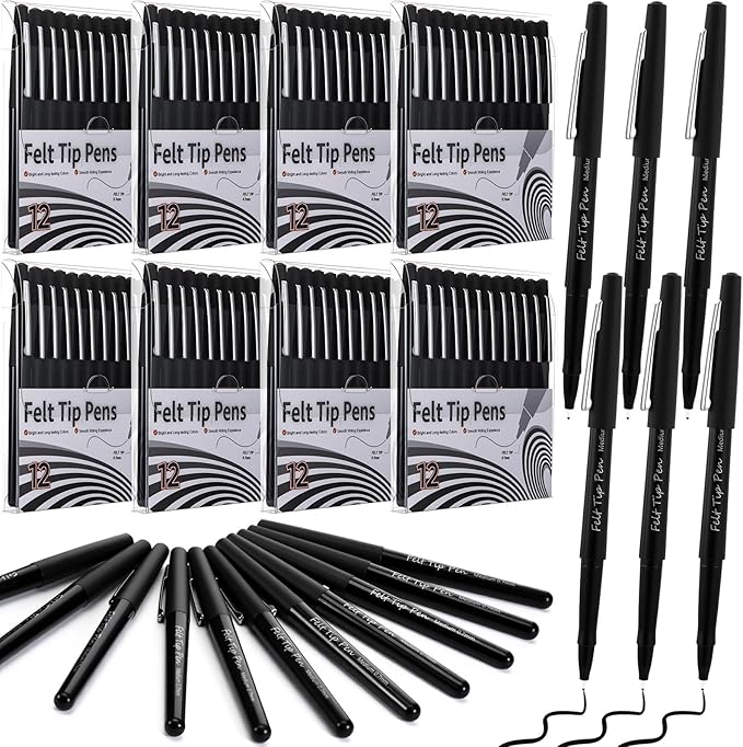 96 Pcs Black Felt Tip Pens 0.7mm Medium Point Pens Bulk, Felt Tip Markers for Journaling, Writing, Note Taking, Planner, Ideal for Office School Art Supplies Gift