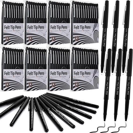 96 Pcs Black Felt Tip Pens 0.7mm Medium Point Pens Bulk, Felt Tip Markers for Journaling, Writing, Note Taking, Planner, Ideal for Office School Art Supplies Gift