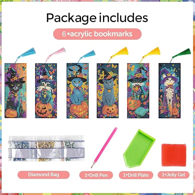 Puraikcmi 6 PCS 5D DIY Diamond Art Bookmarks Kit Cats Diamond Paintings Bookmarks Kits with Tassels Acrylic, Rhinestone Crafts Decoration Gift Set for Book Lovers Beginners & Adults
