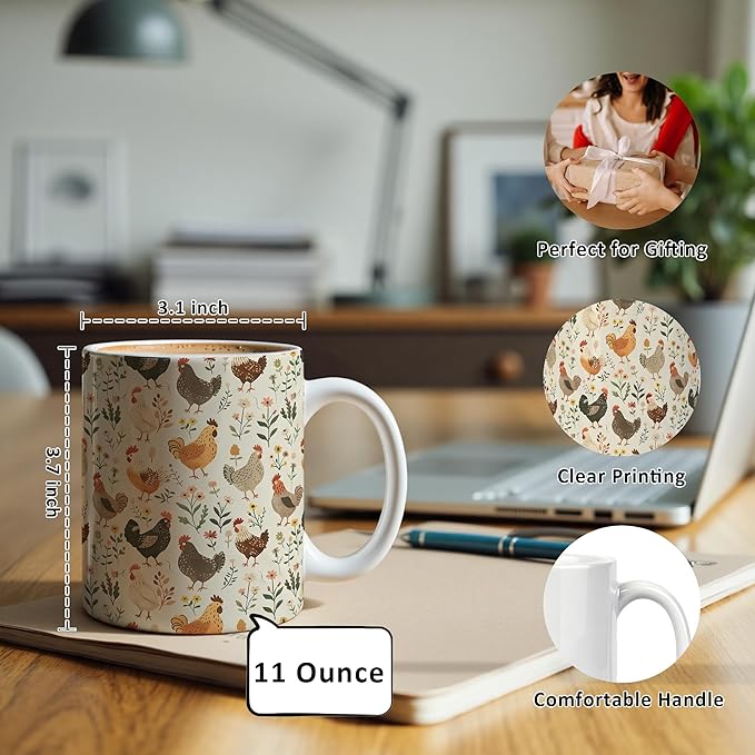 Farmhouse Chicken Mug 11 oz, Chicken Mom Lady Gifts Coffee Cups Ceramic, Cottagecore Farm Animal Lover Gifts Ceramic Mug for Coffee Tea Hot Cocoa Home Office Work