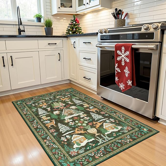 jinchan Christmas Rug 3x5 for Entryway Kitchen Green Holiday Rug for Bedroom Christmas Tree and Cabin Printed Xmas Decor for Living Room Bathroom Washable Non Slip Decorative Floor Carpet
