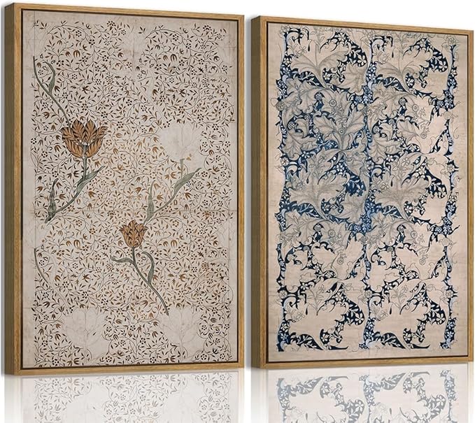 YOYIAXT 2 Pieces Boho Botanical Canvas Wall Art For Bedroom Vintage Floral Pattern Framed Wall Art Antique Neutral Flower Art Print Artwork For Office Living room, 16x24 in