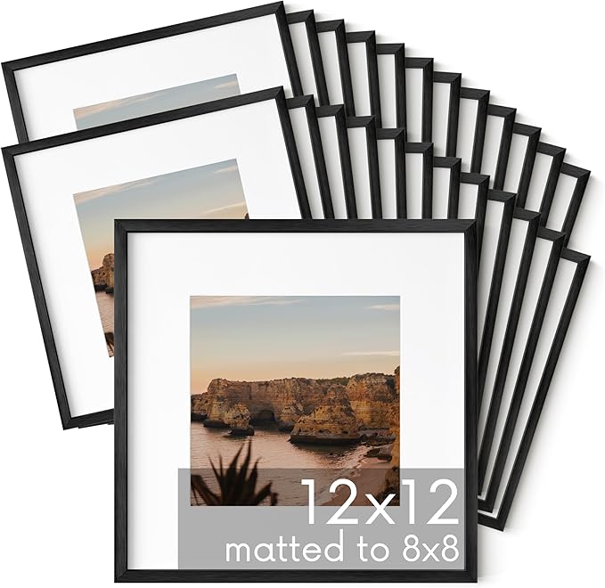 HAUS AND HUES 12x12 Black Metal Picture Frames Matted to 8x8 - Features Premium Aluminum & Hanging Hardware, Shatterproof Plexiglass - Ideal for Home, Room, Office (12x12 in, Black, Set of 25)