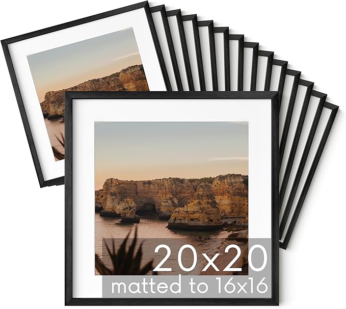 HAUS AND HUES 20x20 Black Metal Picture Frames Matted to 16x16 - Features Premium Aluminum & Hanging Hardware, Shatterproof Plexiglass - Ideal for Home, Room, Office (20x20 in, Black, Set of 15)