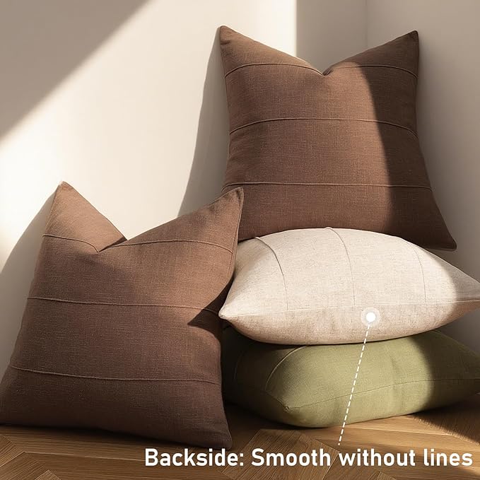 ZWJD Decorative Linen Throw Pillow Covers 26x26 Set of 2 Solid Handcrafted Striped Cushion Covers for Bed Soft Modern Farmhouse Neutral Pillowcase for Couch Bedroom Living Room Home Decor(Brown)