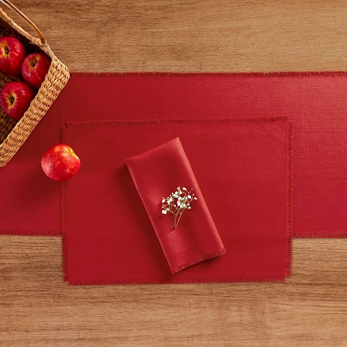 Solino Home Cherry Red Linen Napkins Set of 4-100% Pure Linen Fringe Dinner Napkins 20 x 20 Inch for Valentines