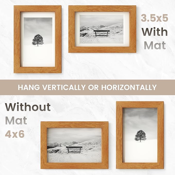 4x6 Picture Frame, USA-Sourced Natural Teak Wood Photo Collage Frame with HD Tempered Glass, Modern Simple 4 x 6 Wooden Frame Matted to 3.5x5, Gallery Wall Frames for Art, Wall or Tabletop Display