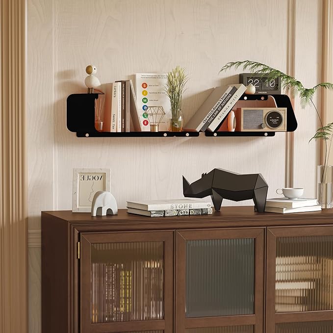 Floating Shelves, Set of 3 Wall Mounted Metal Shelves with Unique Design for Wall Storage, Book Shelf, Display Shelves for Bathroom Bedroom Kitchen Living Room, Black