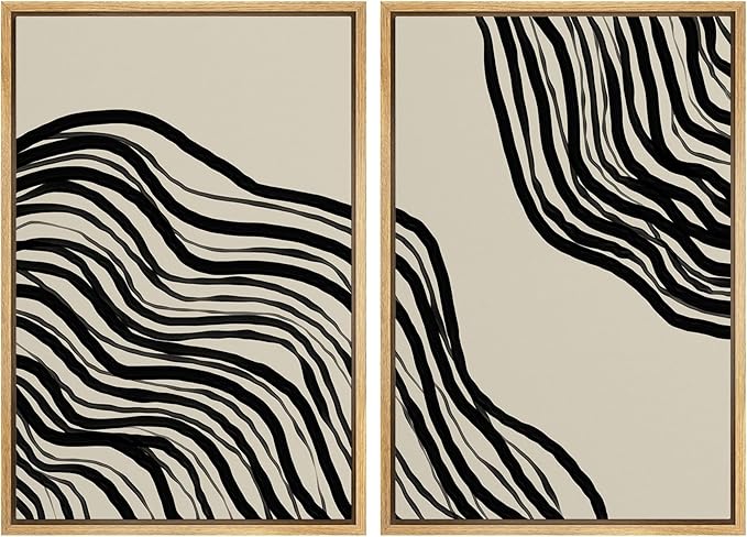 SIGNWIN Framed Canvas Print Wall Art Set Dark Geometric Spiral Wave Collage Abstract Shapes Cozy Neutral Modern Art Minimalism Decorative Nordic for Living Room, Bedroom, Office - 16"x24"x2 Natural