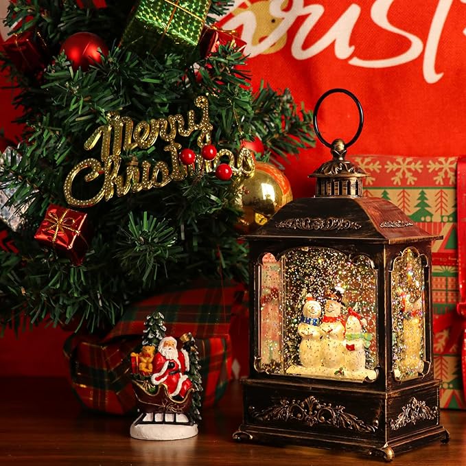GenSwin Musical Snowman Snow Globe Lantern with 6 Hour Timer, Battery Operated & USB Powered Singing Spinning Water Glittering Snow Globe Lantern Christmas Home Decoration Gift(9.6”,3 AA)